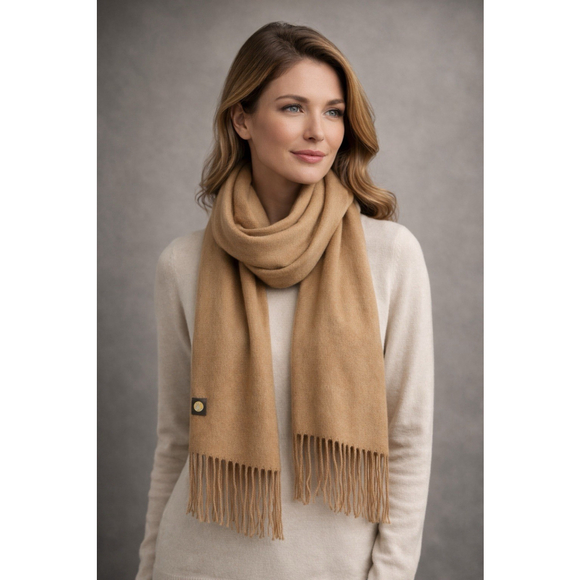 Baby Alpaca Scarf Solid Camel Beige Soft Warm Fringe Peru - Picture 15 of 15